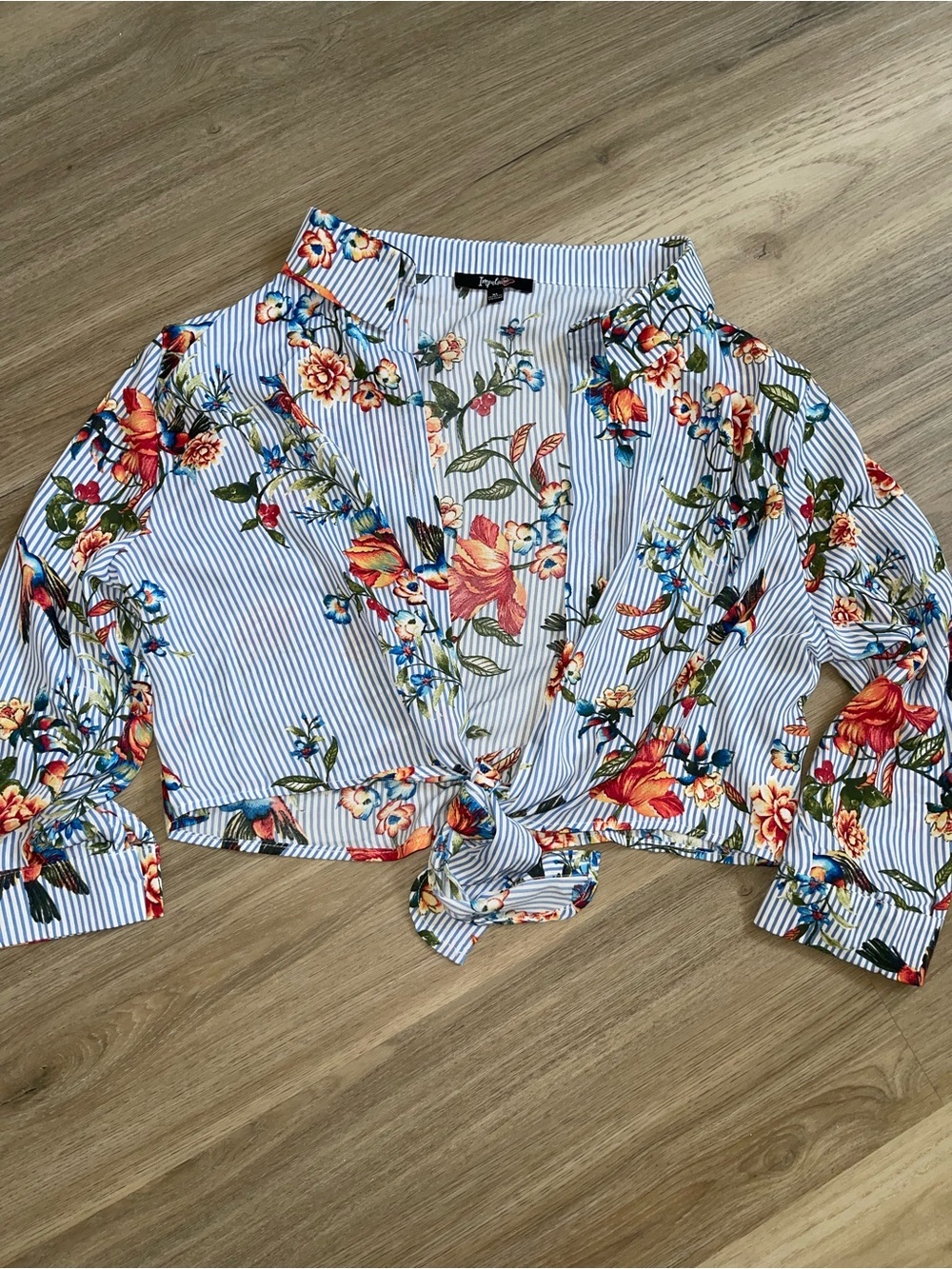 Striped Floral Tie-Front Blouse - Blue/White